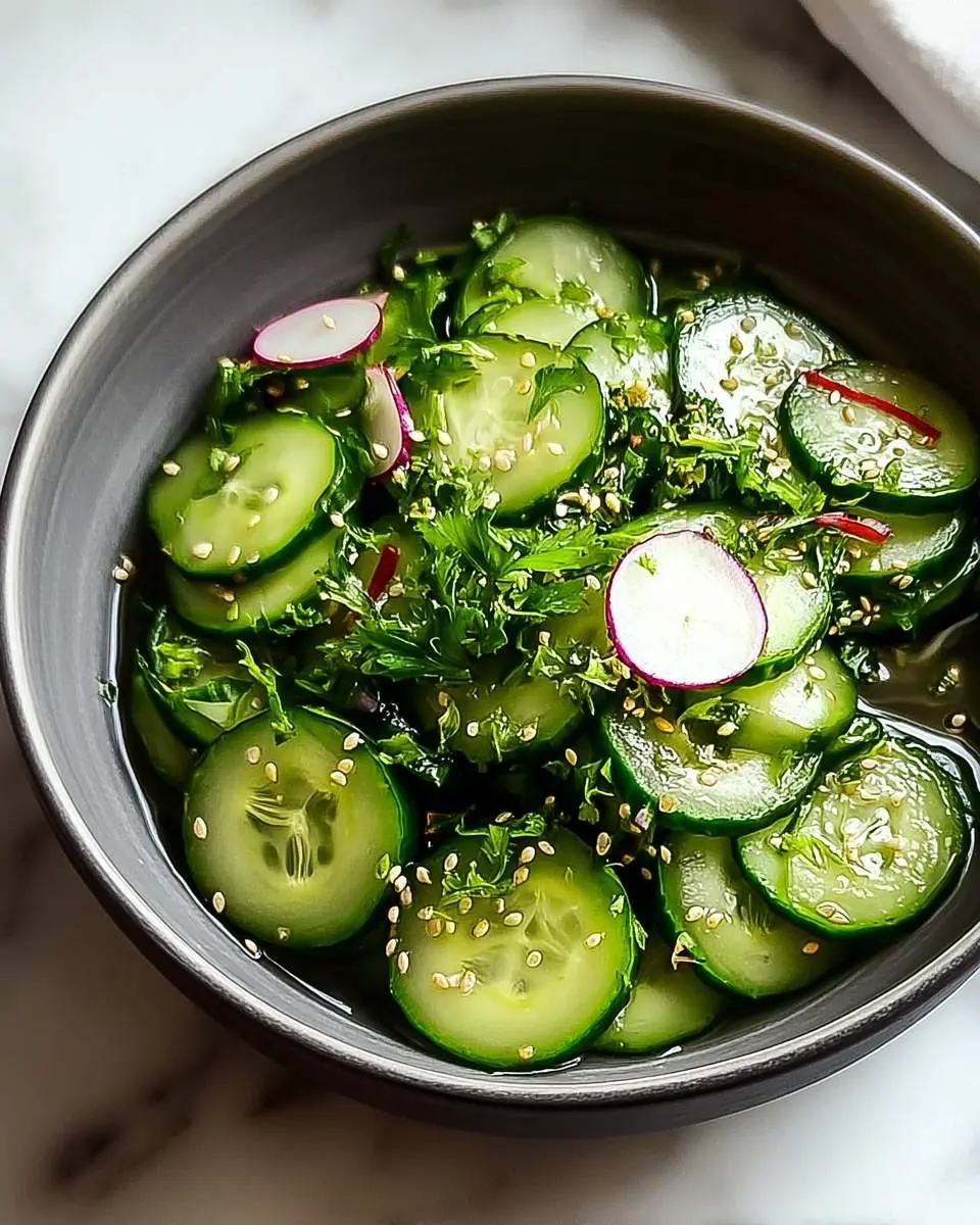 A vibrant bowl of fresh Korean Cucumber Salad with sliced cucumbers, radishes, green herbs, and toasted sesame seeds in a dark bowl.
