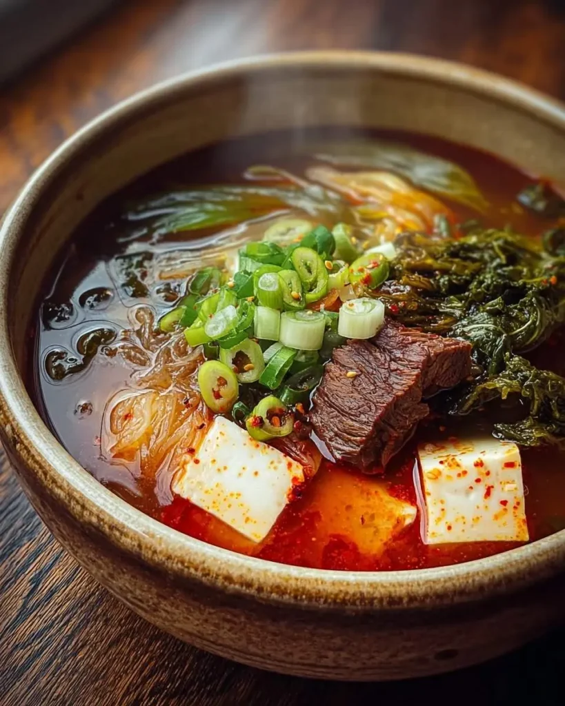 A close-up of a steaming bowl of vibrant Korean Winter Soup, featuring tender beef, tofu, glass noodles, and fresh green onions on a wooden table.