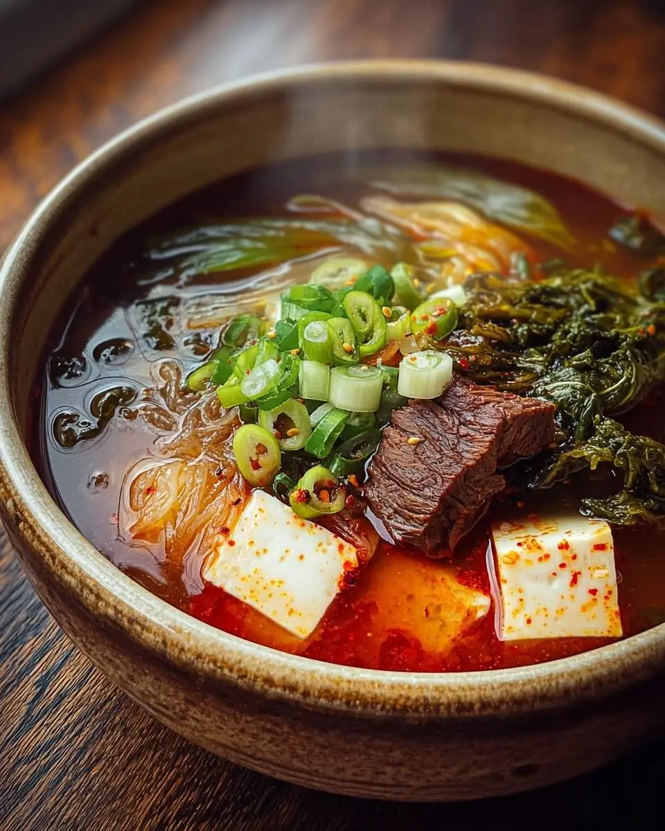 A close-up of a steaming bowl of vibrant Korean Winter Soup, featuring tender beef, tofu, glass noodles, and fresh green onions on a wooden table.