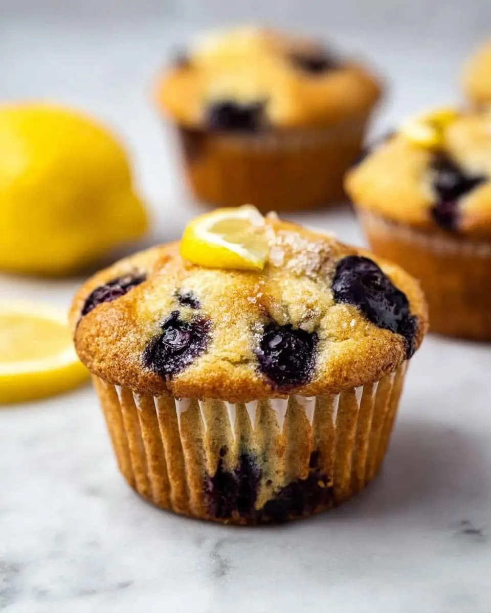 A close-up shot of a golden-brown lemon blueberry muffin topped with a lemon wedge and sugar, with more muffins and whole lemons blurred in the background.