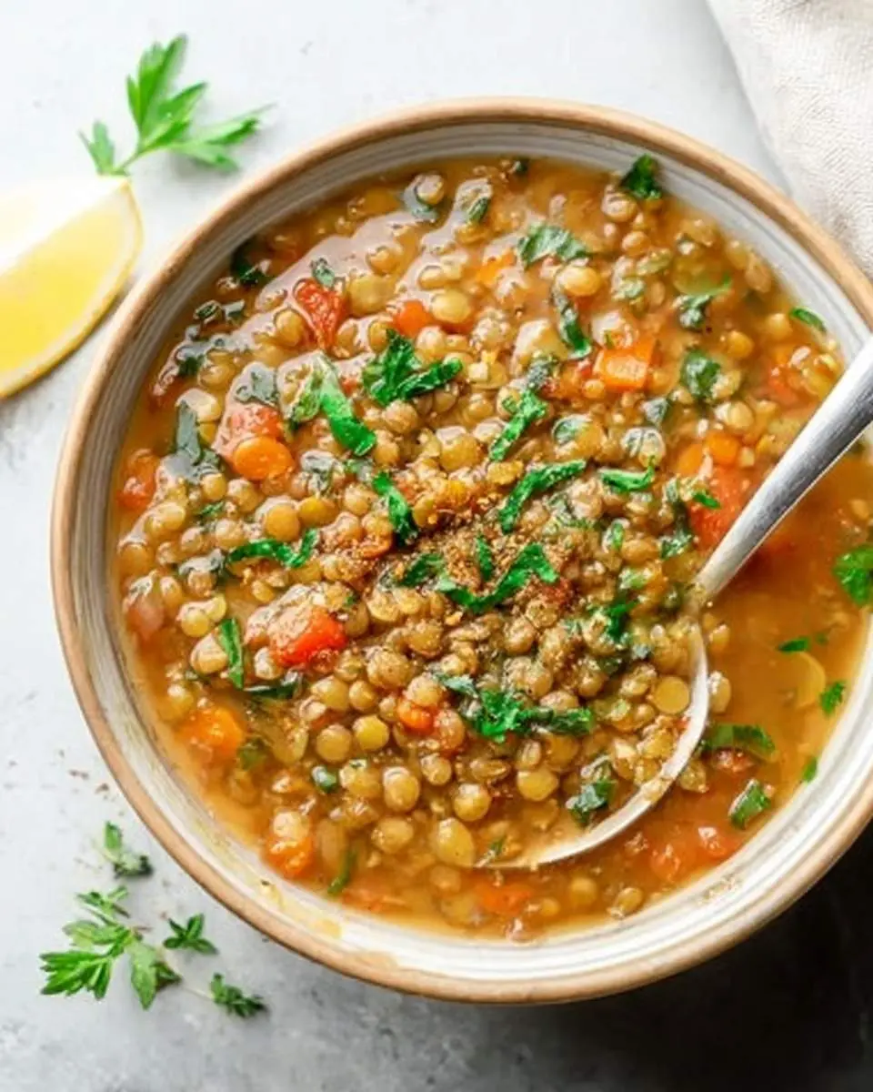 Lentil Soup 4 A steaming bowl of hearty lentil soup garnished with fresh parsley and a lemon wedge, with a spoon ready to serve.