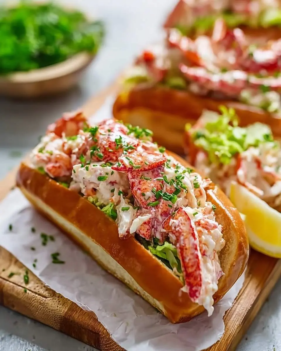 A close-up of a delicious Lobster Roll Sandwich on a wooden board, garnished with chives and served with lemon.