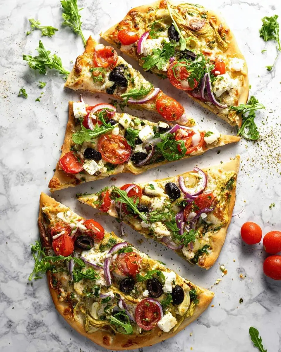 Five vibrant slices of Mediterranean Flatbread Pizza, topped with pesto, cherry tomatoes, olives, feta, red onion, and arugula, on a marble surface.
