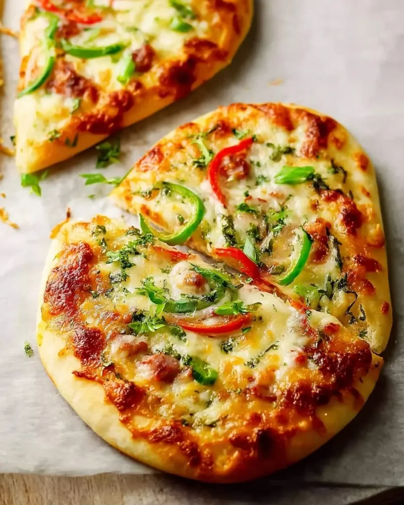 Two personal Naan pizzas with melted cheese, red and green bell peppers, sausage, and fresh herbs on parchment paper.
