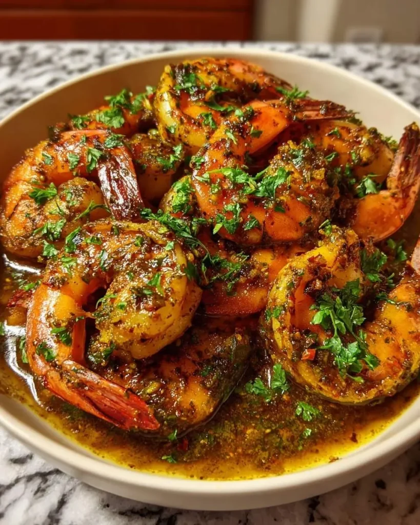 A close-up shot of a bowl filled with succulent New Orleans BBQ Shrimp, coated in a rich, flavorful sauce and garnished with fresh parsley.