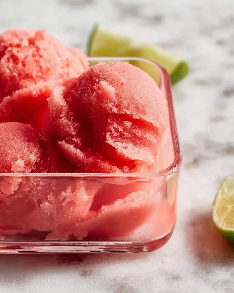 A close-up shot of vibrant pink Ninja Creami Watermelon Sorbet scooped into a clear glass container, with lime wedges in the background.