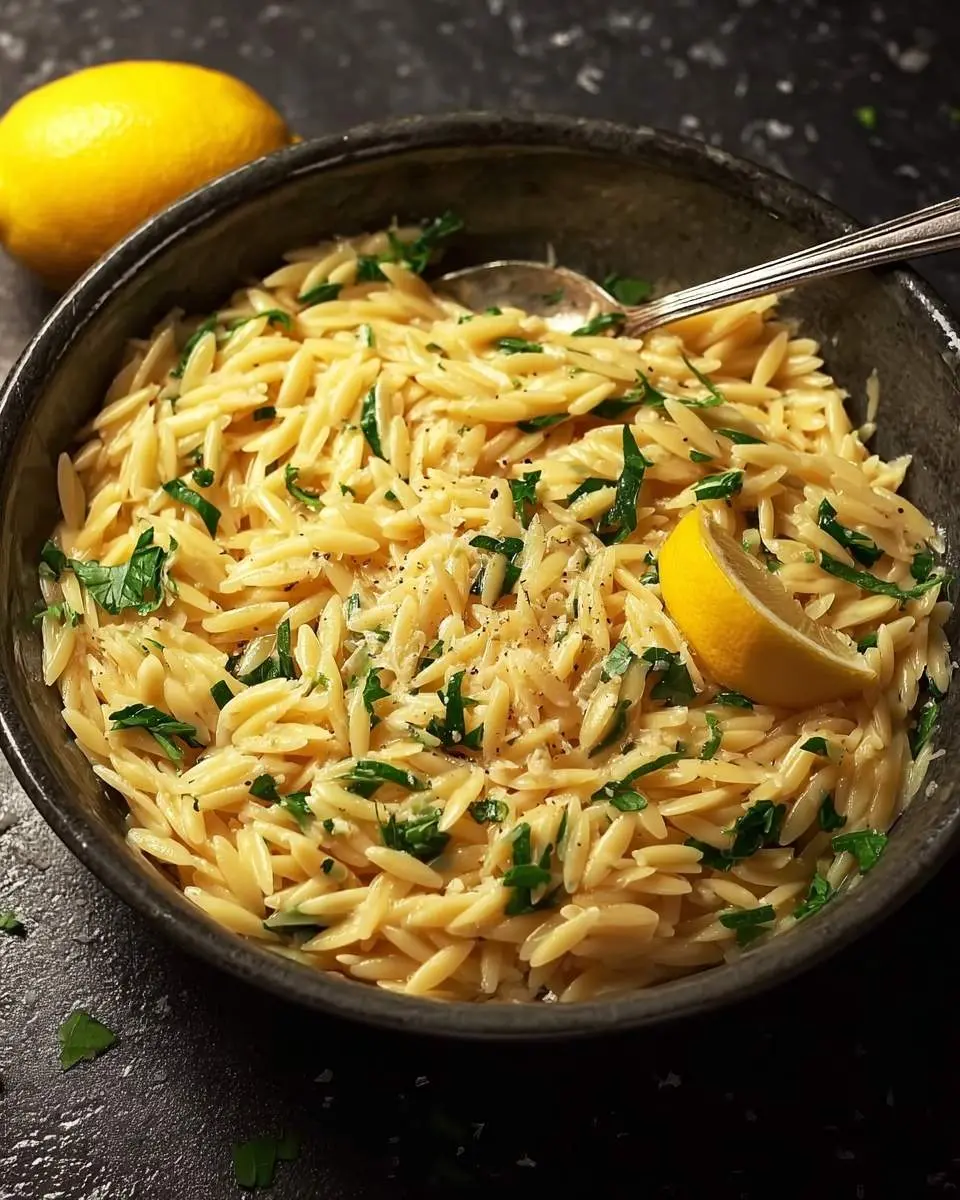 A rustic bowl of One Pan Lemon Orzo Pasta topped with fresh parsley, cracked black pepper, and a bright lemon wedge.