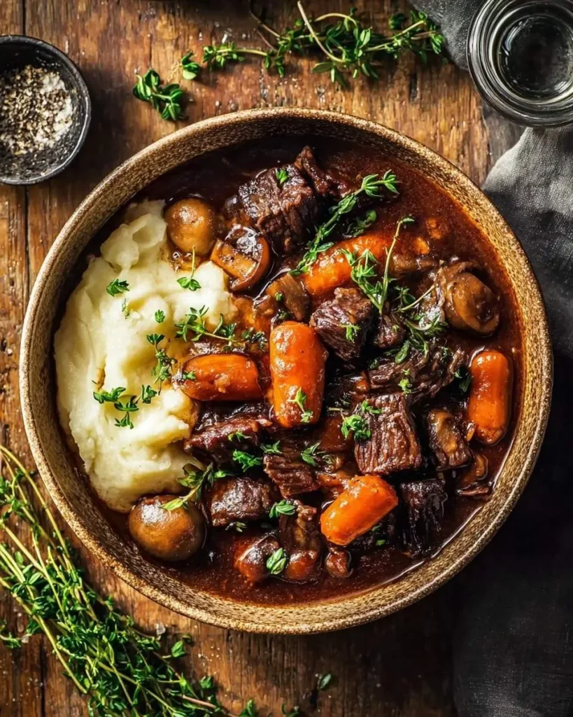 A hearty bowl of One Pot Beef Bourguignon with creamy mashed potatoes, carrots, mushrooms, and fresh thyme on a rustic wooden table.