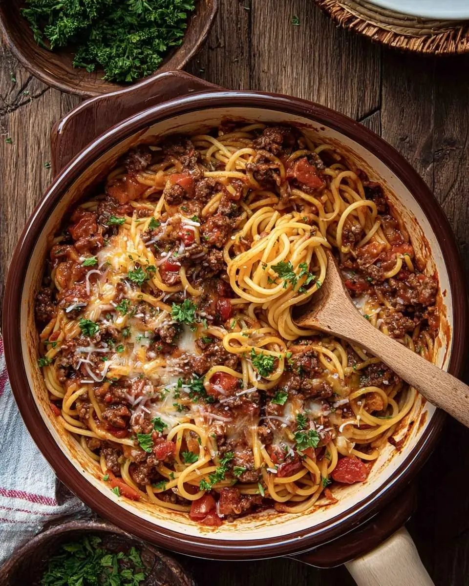 A rustic ceramic pot filled with delicious One Pot Cowboy Spaghetti, topped with melted cheese and fresh parsley, on a wooden table.
