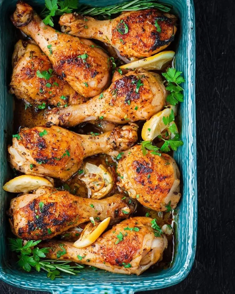 A close-up shot of perfectly cooked Oven Roasted Chicken Drumsticks in a blue baking dish, garnished with fresh parsley and lemon.