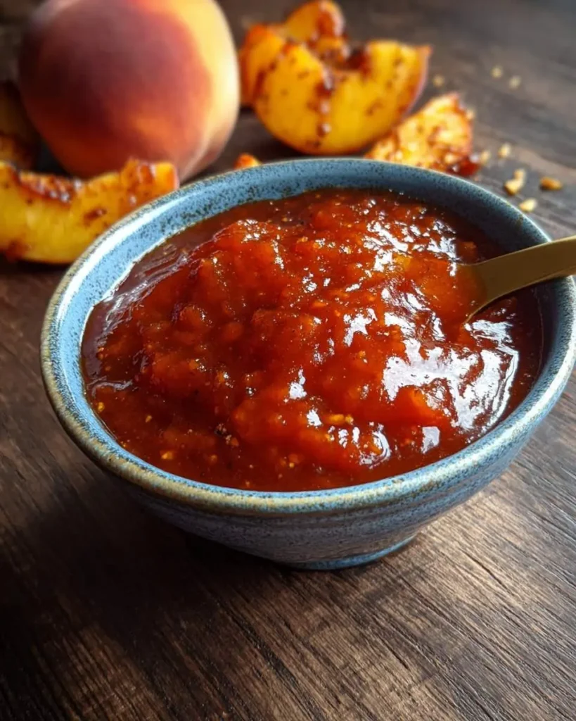 A bowl of rich, chunky Peach BBQ Sauce with a golden spoon, set against a backdrop of fresh and grilled peaches on wood.
