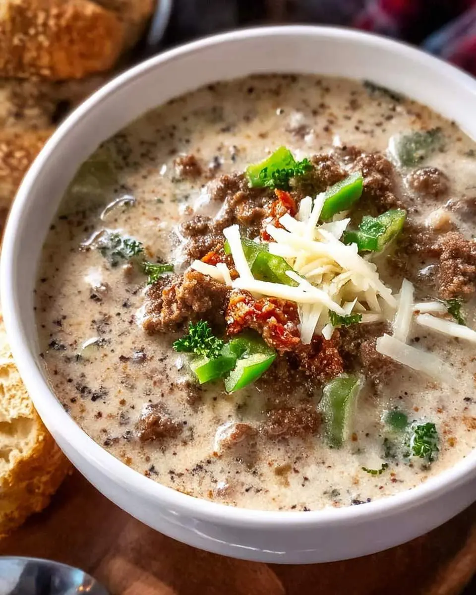 A close-up of a white bowl filled with creamy Philly Cheesesteak Soup, topped with ground beef, green peppers, sun-dried tomatoes, and shredded cheese, served with bread.