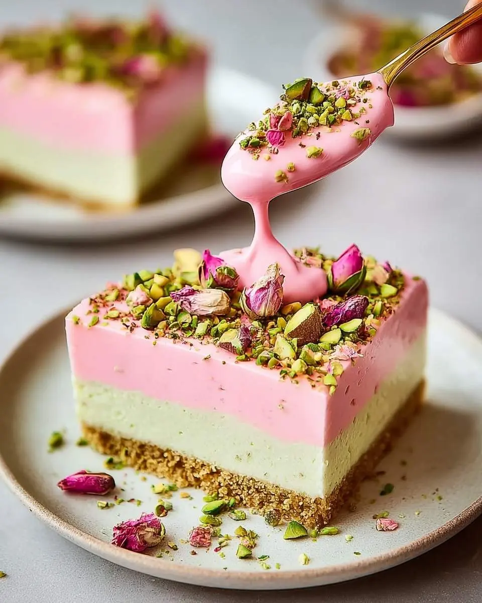 A vibrant slice of Pistachio Rose Milk Cake with distinct pink and green layers, richly topped with pistachios and dried rose petals, as a spoon drizzles more pink sauce.