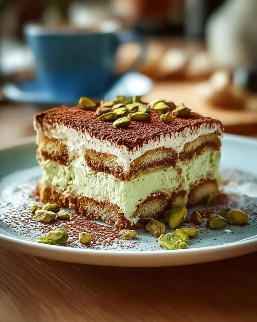 A decadent slice of Pistachio Tiramisu, layered with creamy green filling, ladyfingers, cocoa, and whole pistachios on a plate.