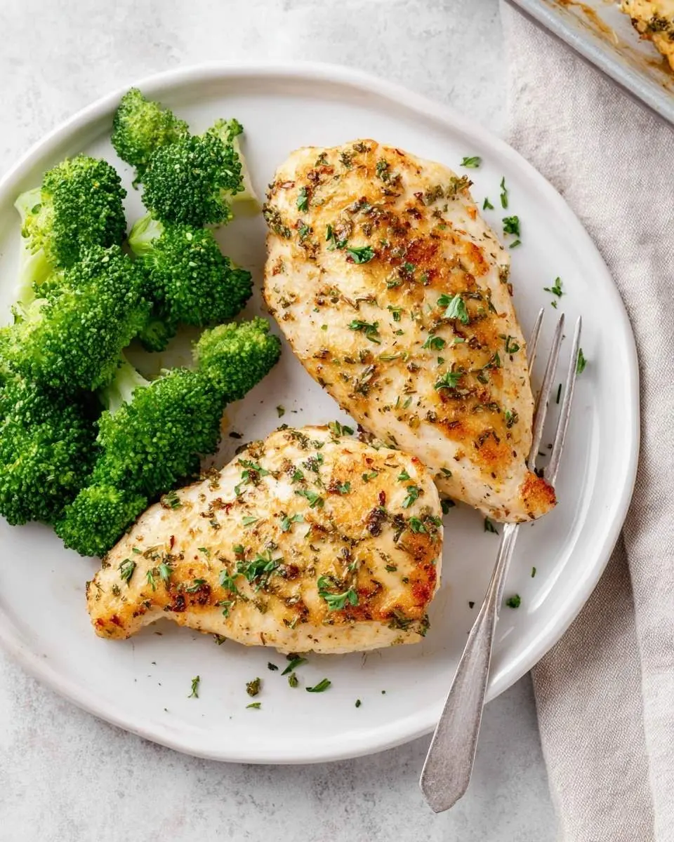 A plate with two golden Ranch Baked Chicken Breasts garnished with herbs and a generous serving of bright green steamed broccoli.