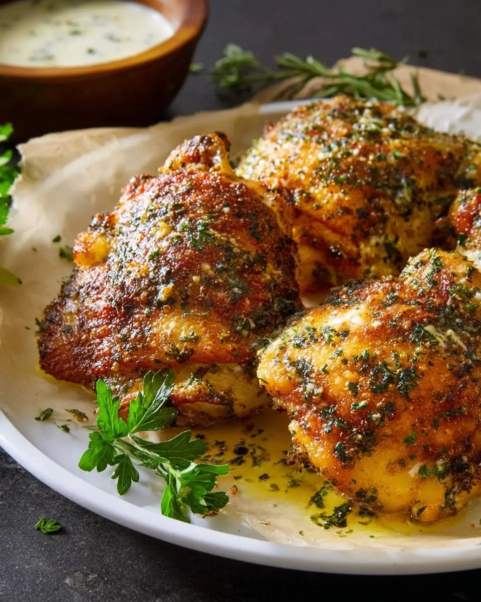 Close-up of golden brown, herb-crusted Ranch Chicken Thighs Bake on a white plate with a side of creamy sauce.