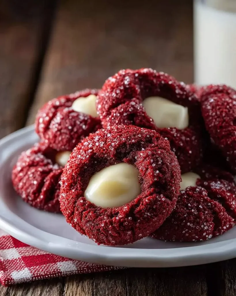 A close-up of festive Red Velvet Thumbprint Cookies with creamy white filling and sparkling sugar on a white plate.