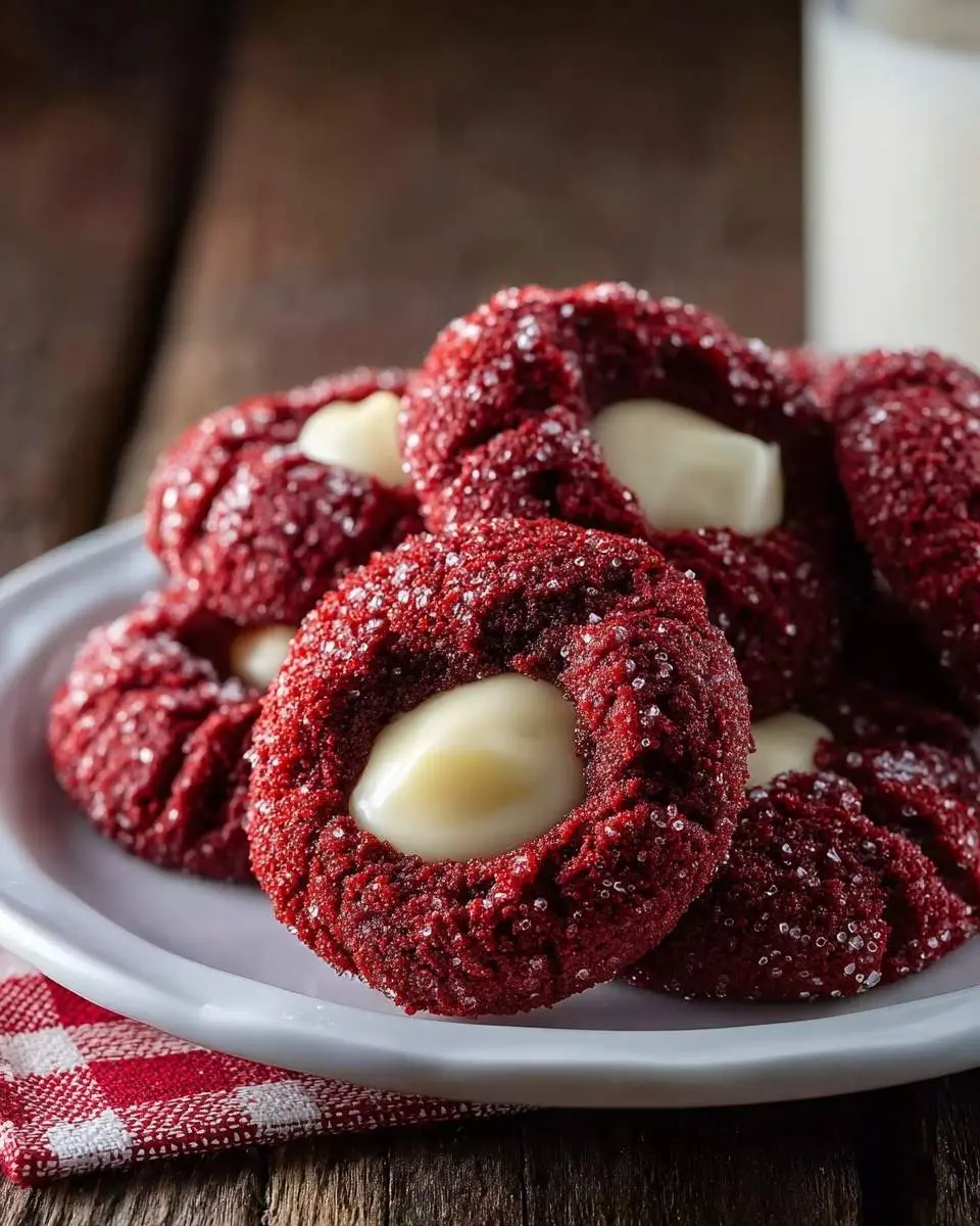 A close-up of festive Red Velvet Thumbprint Cookies with creamy white filling and sparkling sugar on a white plate.