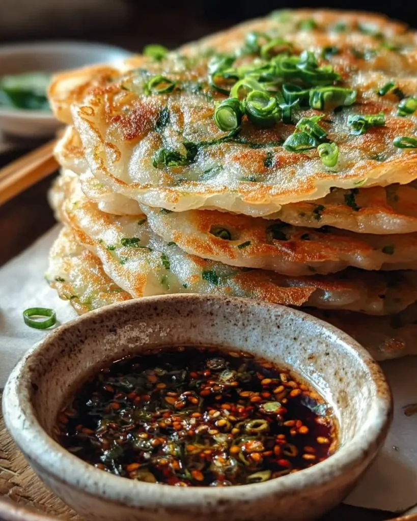 A close-up of a stack of golden pan-fried Rice Paper Scallion Pancakes, generously topped with fresh chopped green onions, beside a small bowl of dipping sauce.