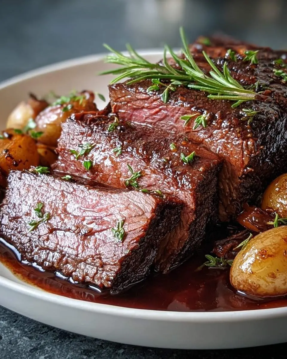 Sliced Roast Beef, garnished with rosemary and thyme, served in a rich gravy with roasted baby potatoes on a white platter.