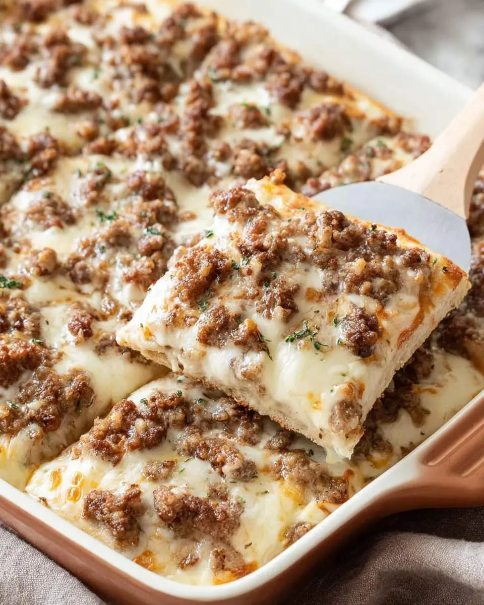 A slice of warm, cheesy sausage breakfast pizza, topped with browned crumbled sausage and fresh herbs, being lifted from a rectangular baking dish.