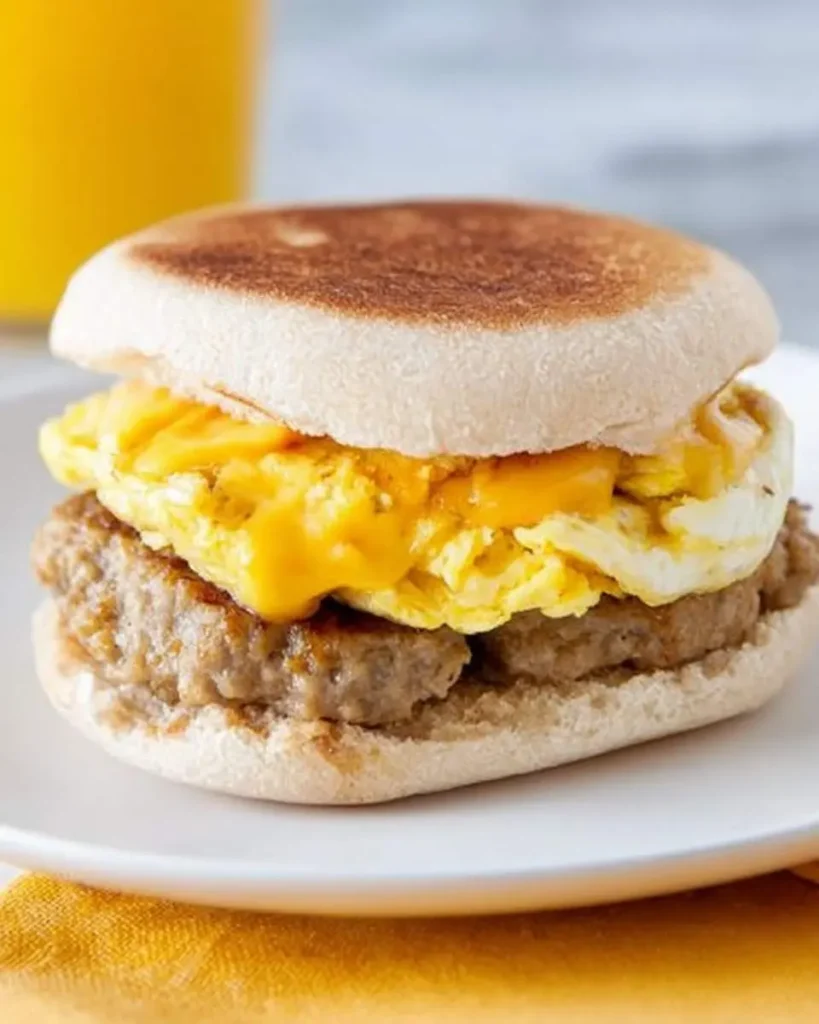 A close-up of a delicious Sausage Egg and Cheese Breakfast Sandwich on an English muffin, with a blurred glass of orange juice.