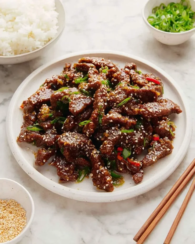 A plate of delicious Sesame Beef, garnished with green onions and sesame seeds, served with white rice and fresh ingredients.