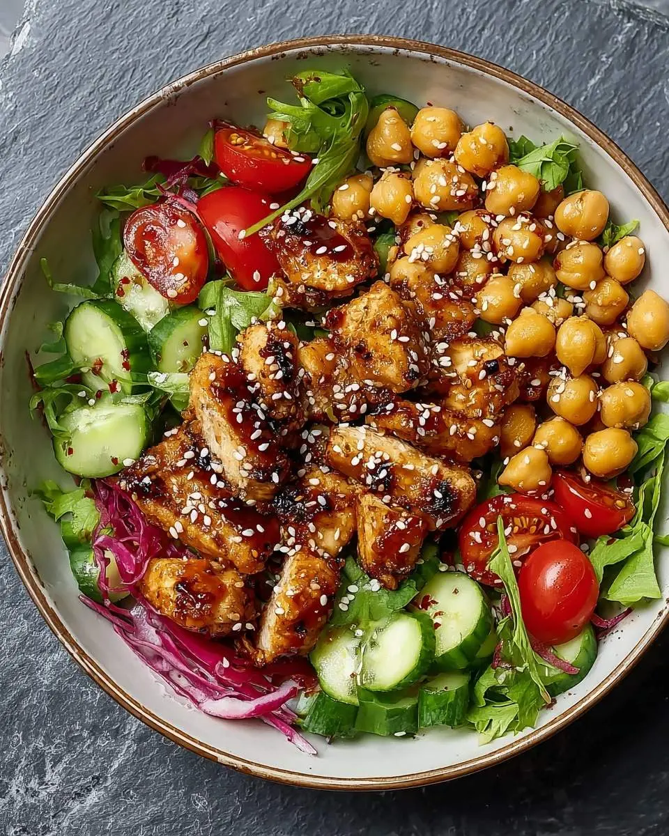 A vibrant bowl of Sesame Chicken and Chickpea Salad featuring grilled chicken, fresh greens, cucumber, tomatoes, and red onion.