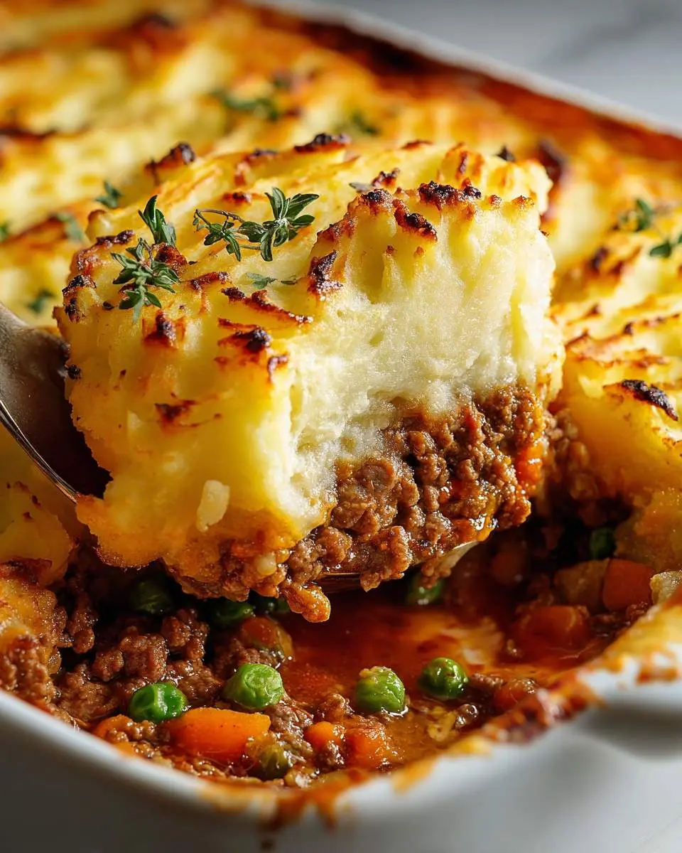 A close-up shot of a serving of golden-brown sheppards pie recipe being lifted with a spoon, revealing the savory ground meat, peas, and carrots filling beneath.