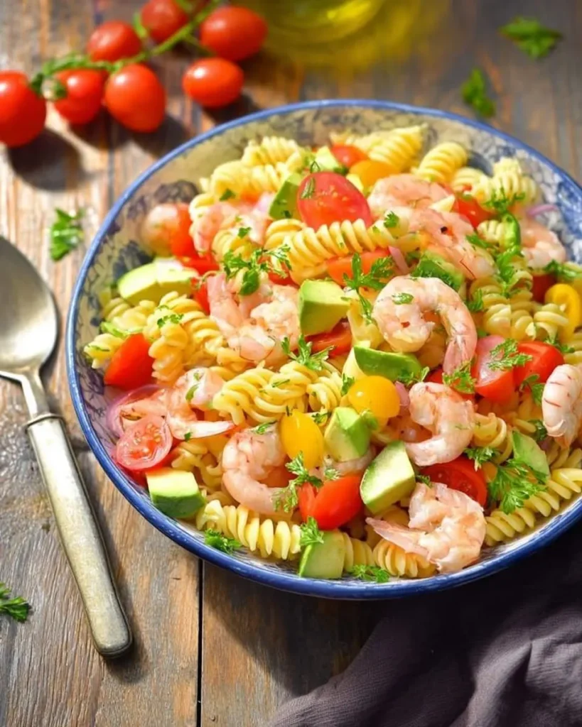 A vibrant bowl of Shrimp and Avocado Pasta Salad with fusilli pasta, red and yellow cherry tomatoes, and fresh parsley on a wooden table.