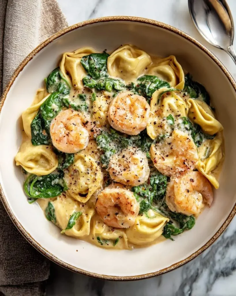 A close-up of a creamy Shrimp and Spinach Tortellini dish in a rustic bowl, garnished with black pepper and cheese.