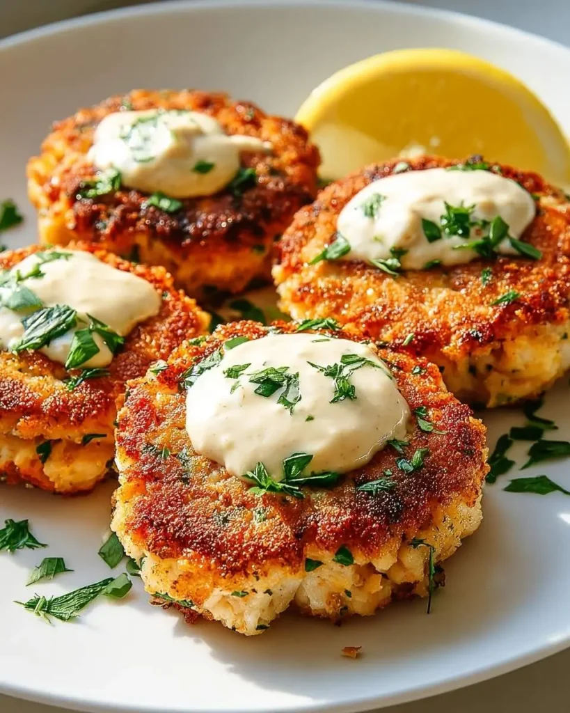 Four golden-brown Shrimp Cakes with Lemon Aioli, garnished with fresh parsley, on a white plate with a lemon wedge.