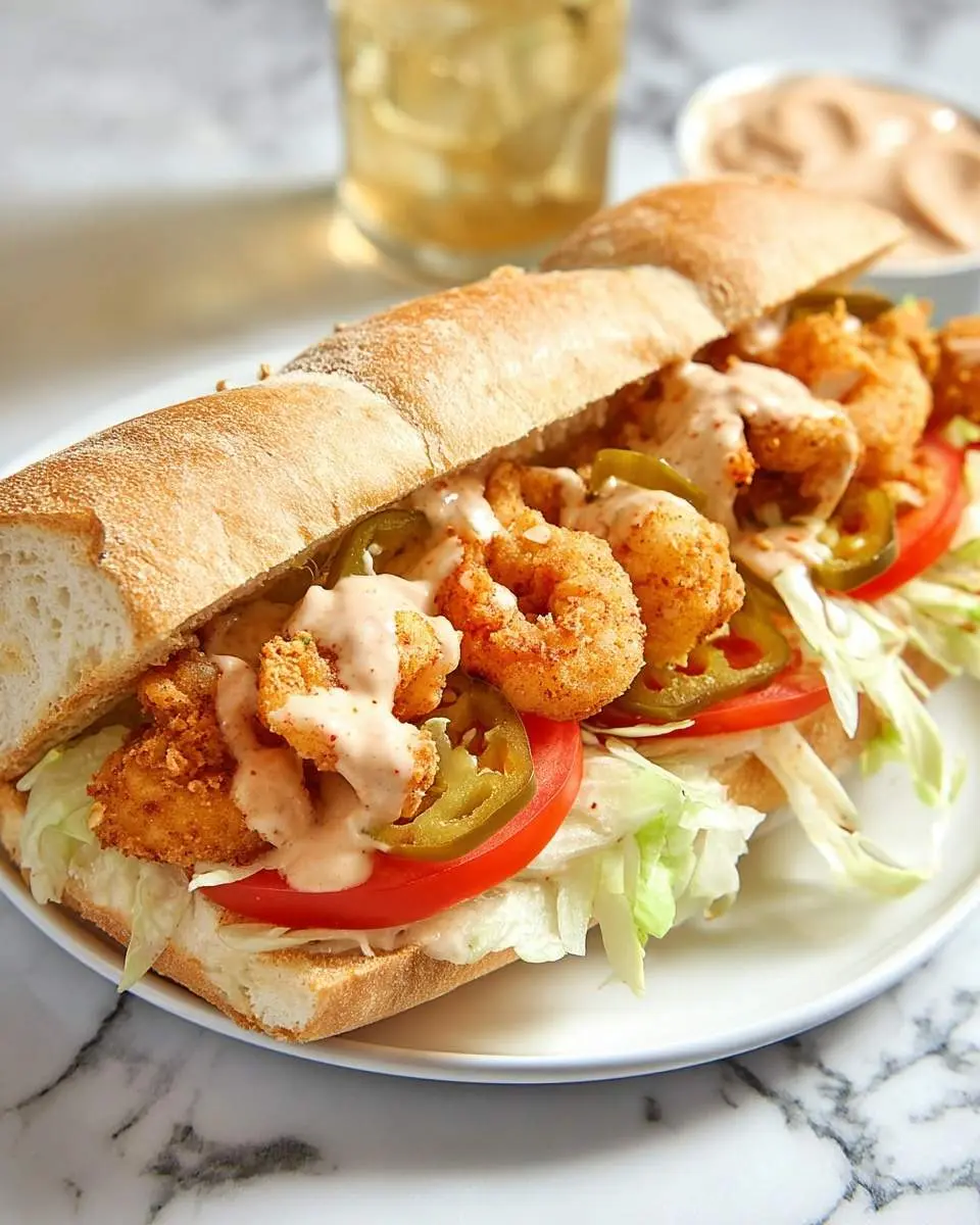 A close-up of a mouth-watering Shrimp Po Boy Sandwich filled with crispy fried shrimp, fresh lettuce, tomatoes, and jalapenos on a white plate.