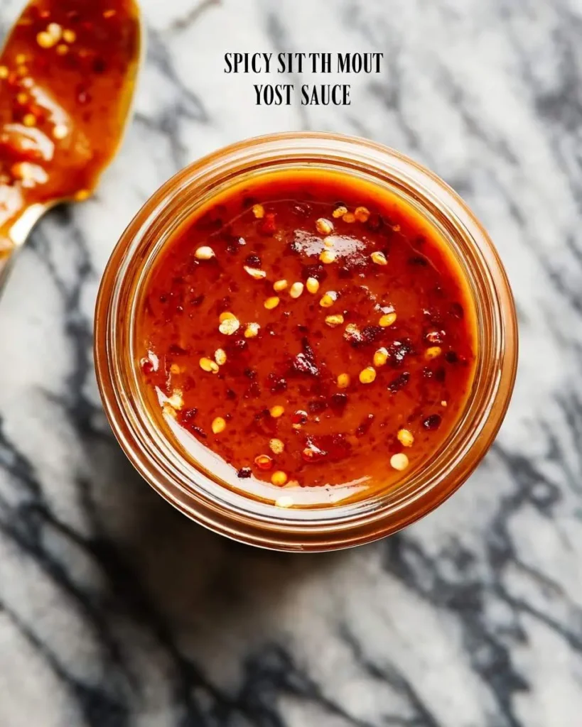A vibrant jar of homemade Shut Yo Mouth Sauce, rich red with visible chili flakes and seeds, sits on a marble surface next to a spoon.