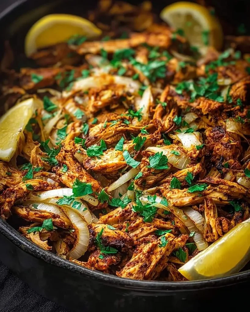 A close-up of delicious slow cooker chicken shawarma with caramelized onions, fresh parsley, and lemon wedges in a dark pan.