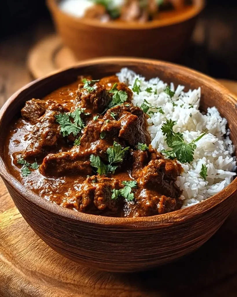 A wooden bowl filled with rich Slow Cooker Indian Beef Curry alongside fluffy white rice, garnished with fresh cilantro.