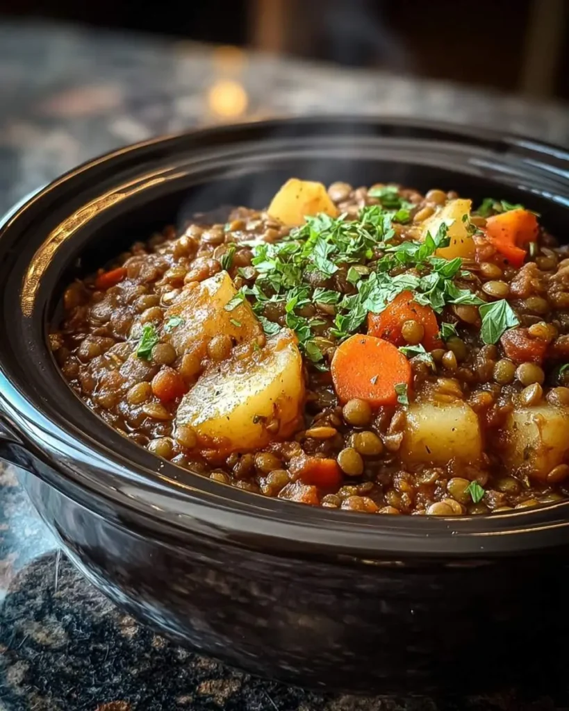 A hearty Slow Cooker Potato Lentil Pot stew in a dark ceramic pot, garnished with fresh green herbs and visible steam.