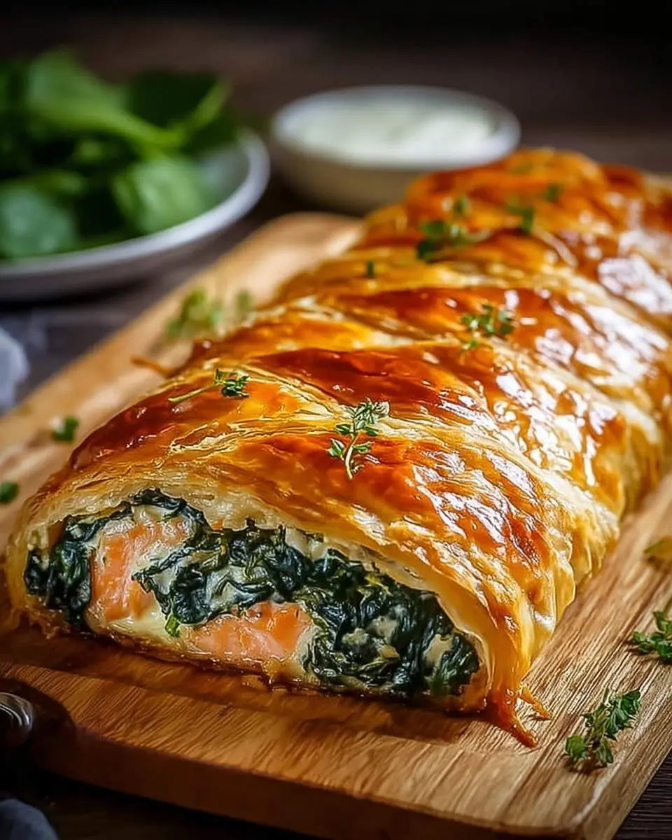 A golden-baked Spinach and Cheese Salmon Wellington, sliced to reveal flaky salmon and creamy spinach filling, rests on a wooden board.