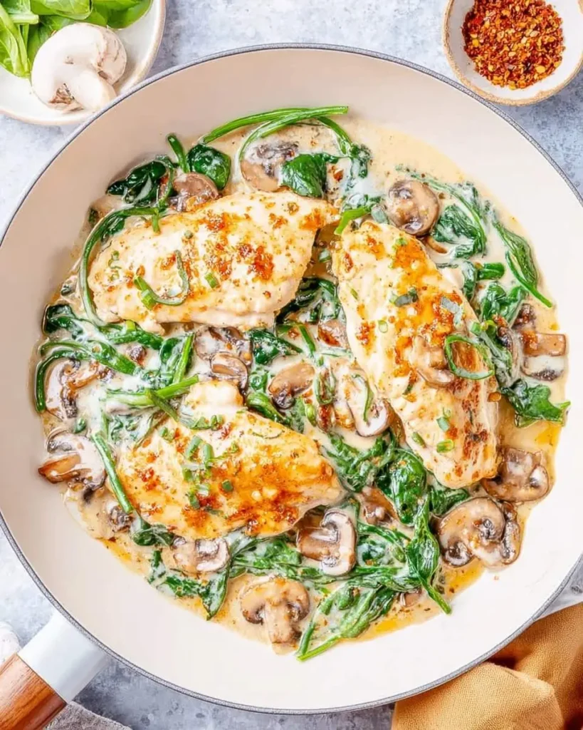 Golden brown chicken breasts in a creamy spinach and mushroom sauce in a white skillet, showcasing a delicious Spinach Chicken Skillet.