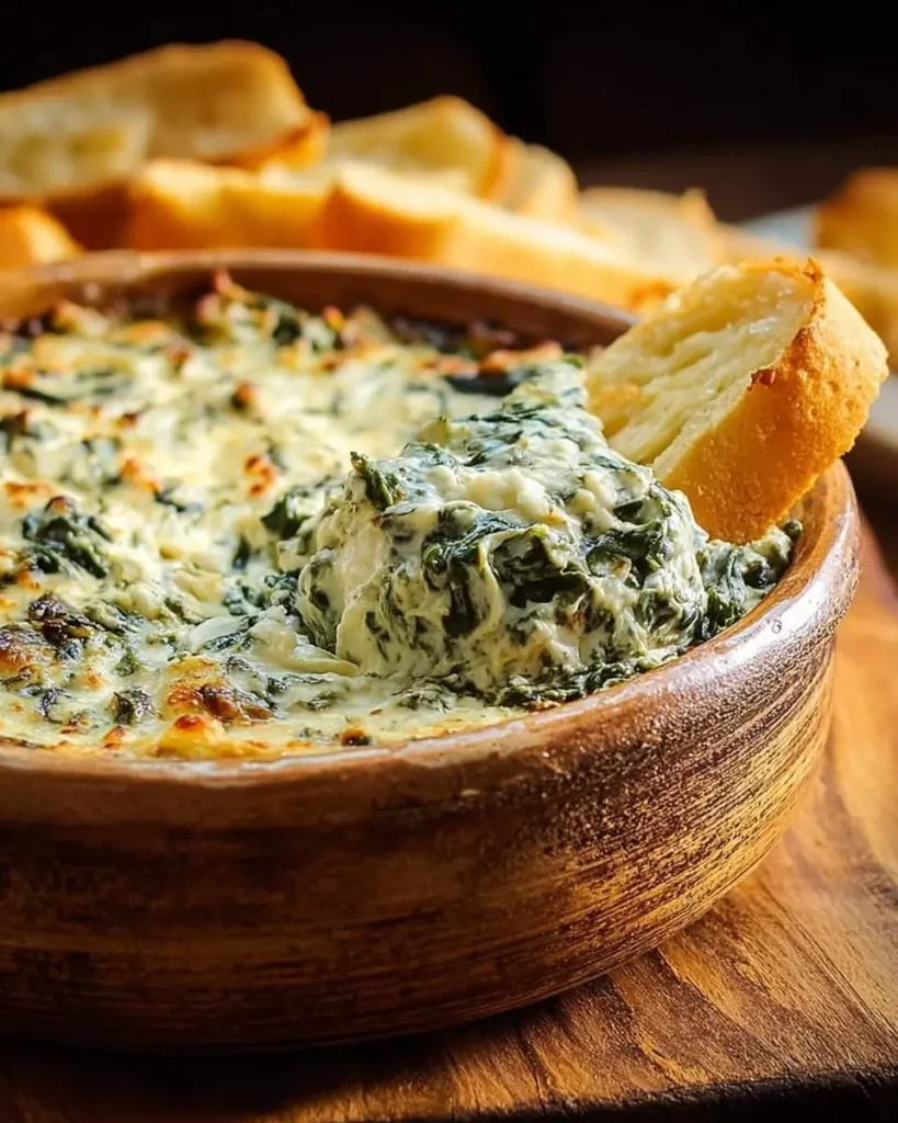 Warm and creamy Spinach Dip Recipe served in a rustic wooden bowl, with a piece of crusty baguette dipped in it.