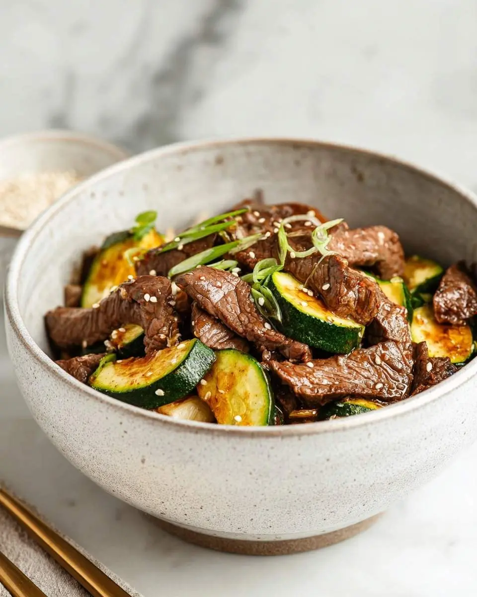 A close-up of a delicious Steak Bowl with Zucchini, garnished with sesame seeds and green onions, served in a rustic ceramic bowl.