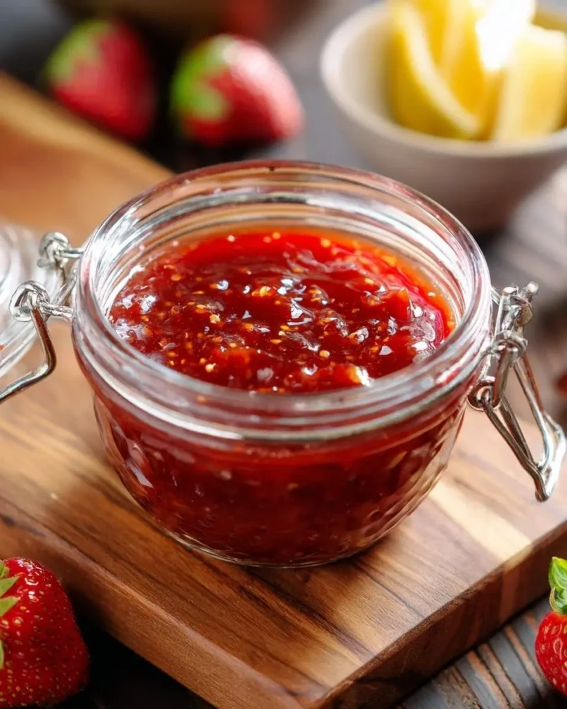 A jar of bright red, chunky Strawberry Barbecue Sauce sits on a wooden board, with fresh strawberries and lemon wedges in the background.