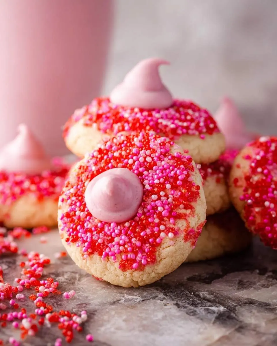 A close-up of festive Strawberry Kiss Cookies, adorned with red and pink sprinkles and a pink frosting swirl on a marble surface.