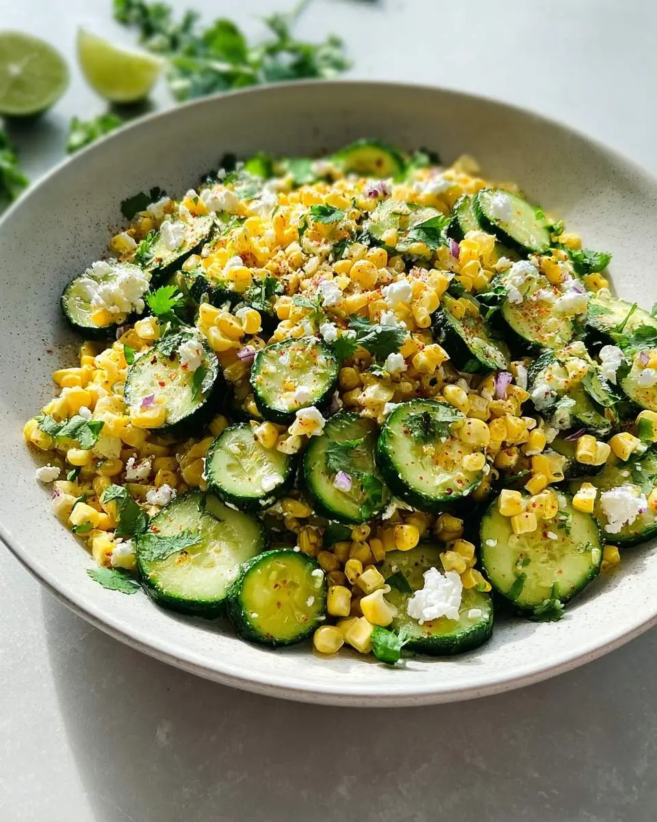 A vibrant bowl of Street Corn Cucumber Salad, featuring bright yellow corn kernels, sliced green cucumbers, crumbled white cheese, fresh cilantro, and a sprinkle of red spice, with lime wedges in the background.