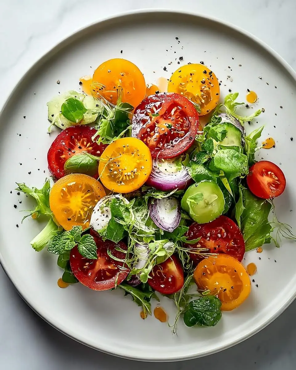 Sunshine Salad 4 A colorful Sunshine Salad on a white plate, brimming with sliced heirloom tomatoes, fresh greens, cucumber, red onion, and mint.