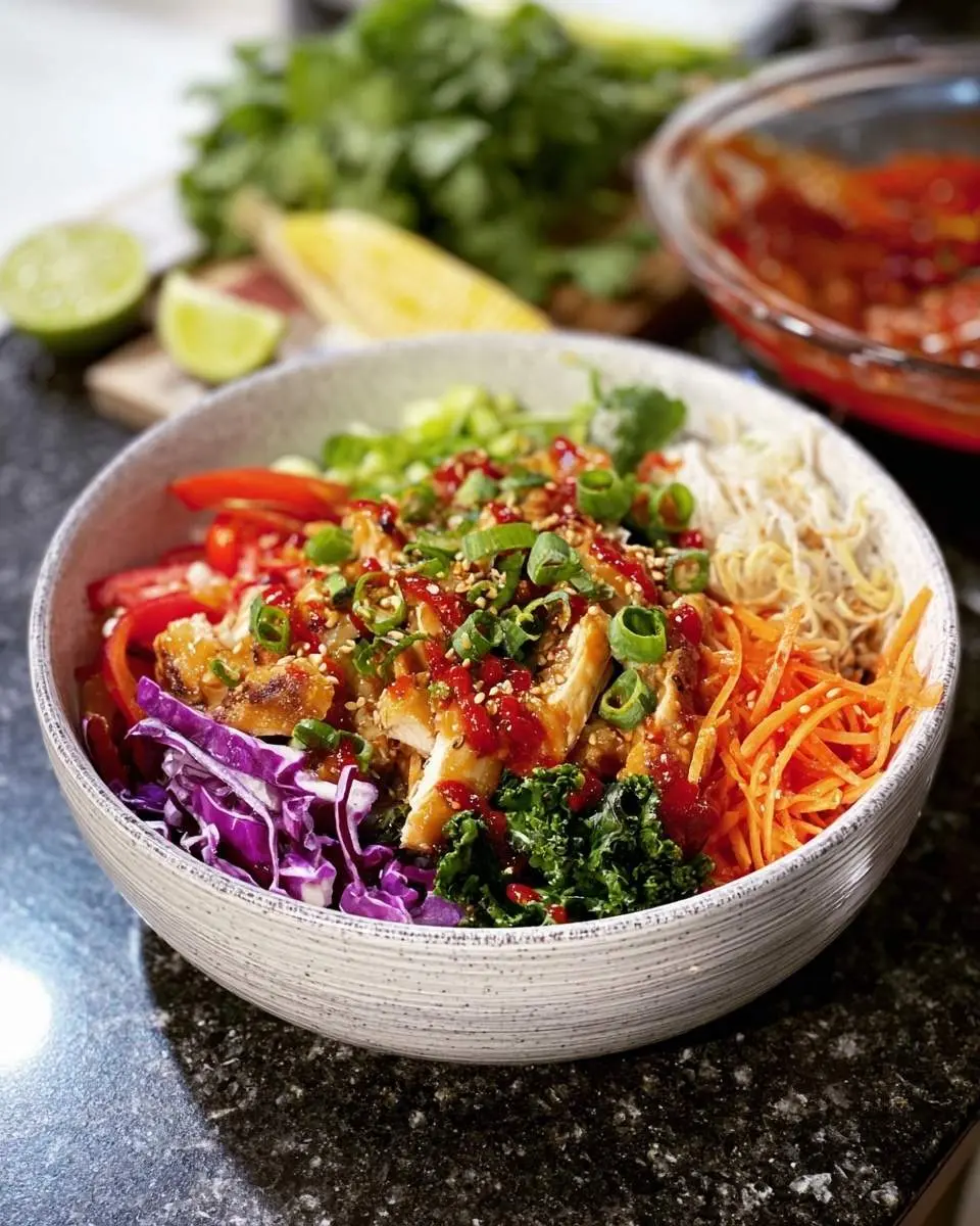 A vibrant Sweet Chili Chicken Bowl filled with sliced chicken, red bell peppers, purple cabbage, kale, carrots, noodles, garnished with green onions and sesame seeds.