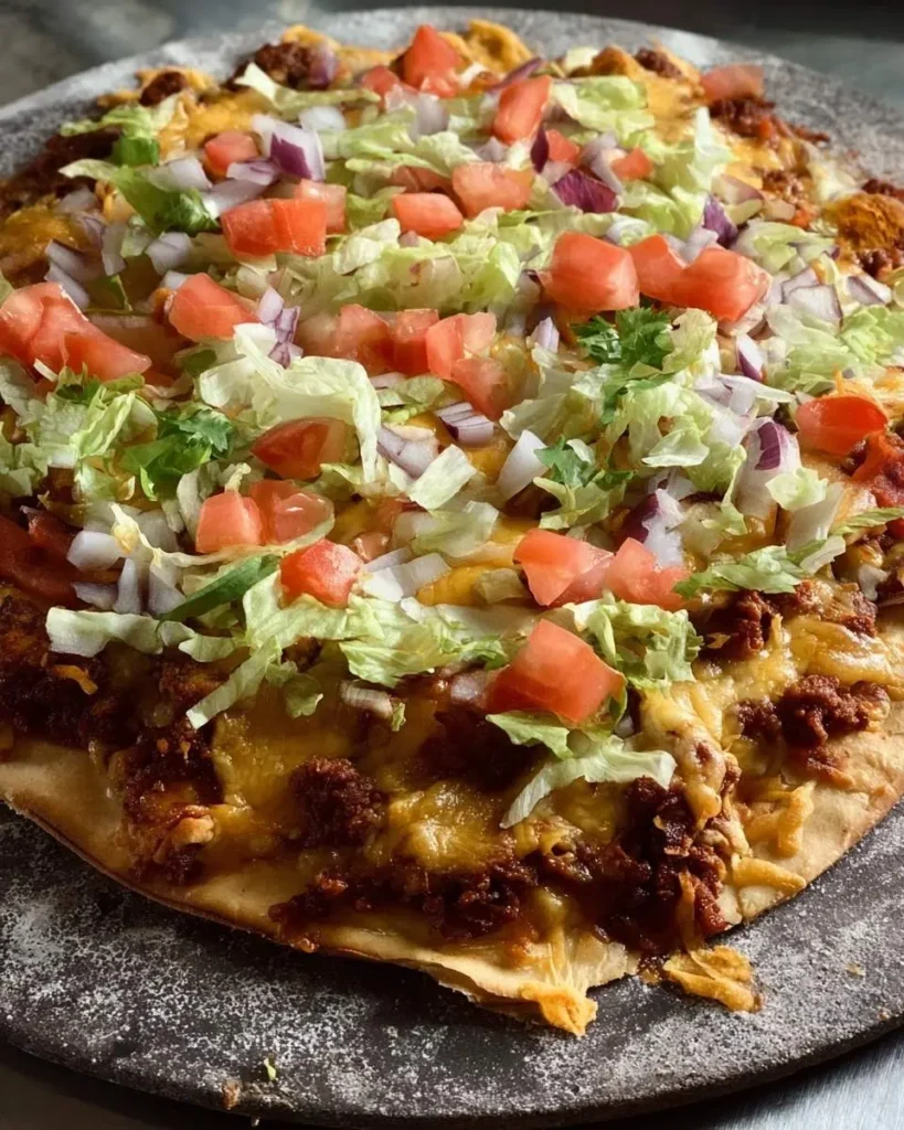 A delicious homemade Taco Pizza topped with seasoned ground beef, melted cheese, fresh shredded lettuce, diced tomatoes, and onions.