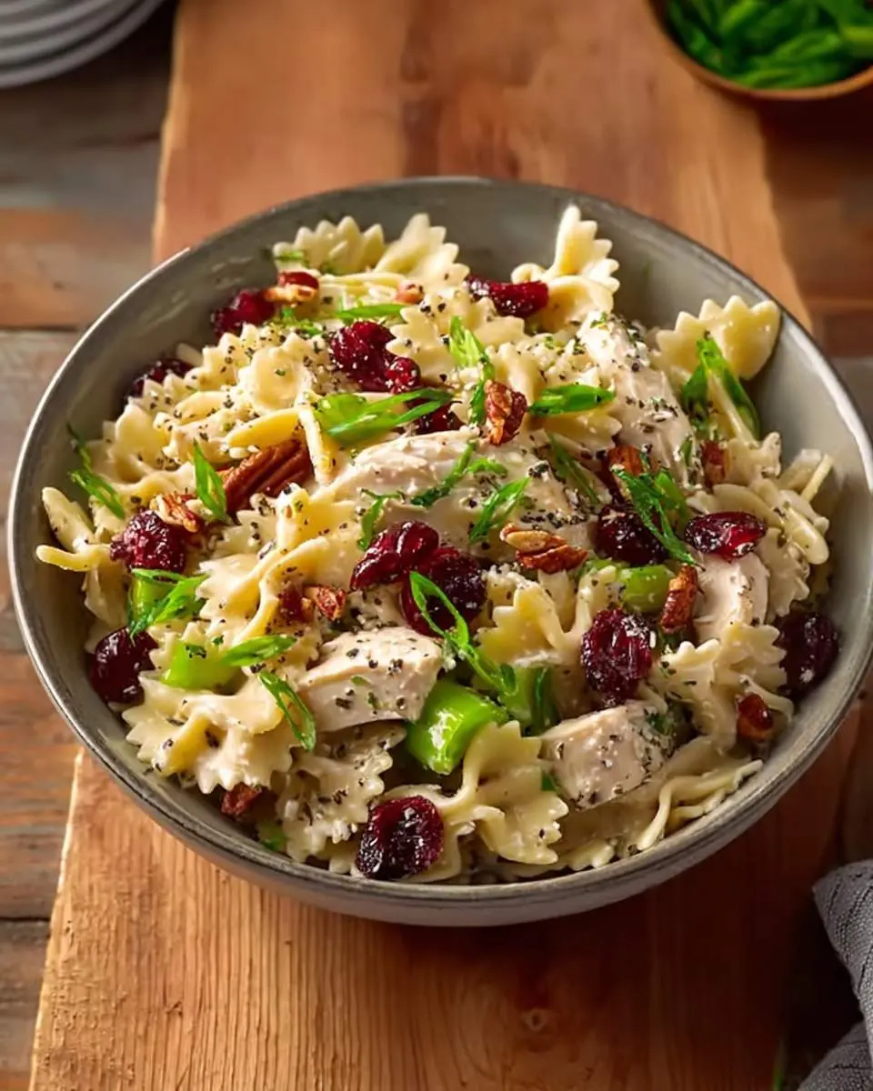 A grey bowl of Turkey and Cranberry Pasta Salad with farfalle, chicken pieces, dried cranberries, chopped pecans, and green onions.