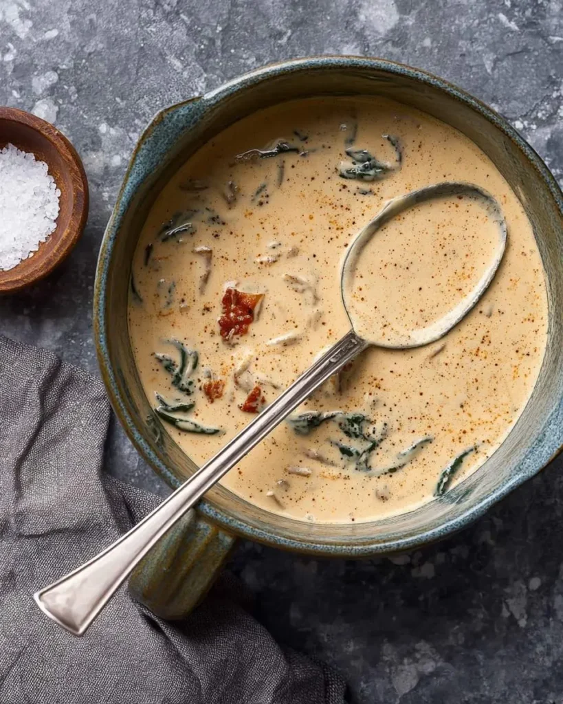 An overhead shot of a rustic bowl filled with rich Tuscan Cream Sauce, garnished with greens and red bits, with a spoon resting in it.