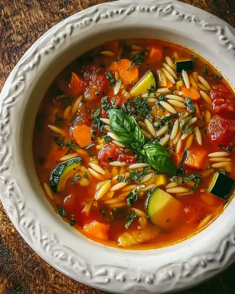 A close-up overhead shot of a white bowl filled with vibrant Vegetable Orzo Soup, garnished with fresh basil leaves.